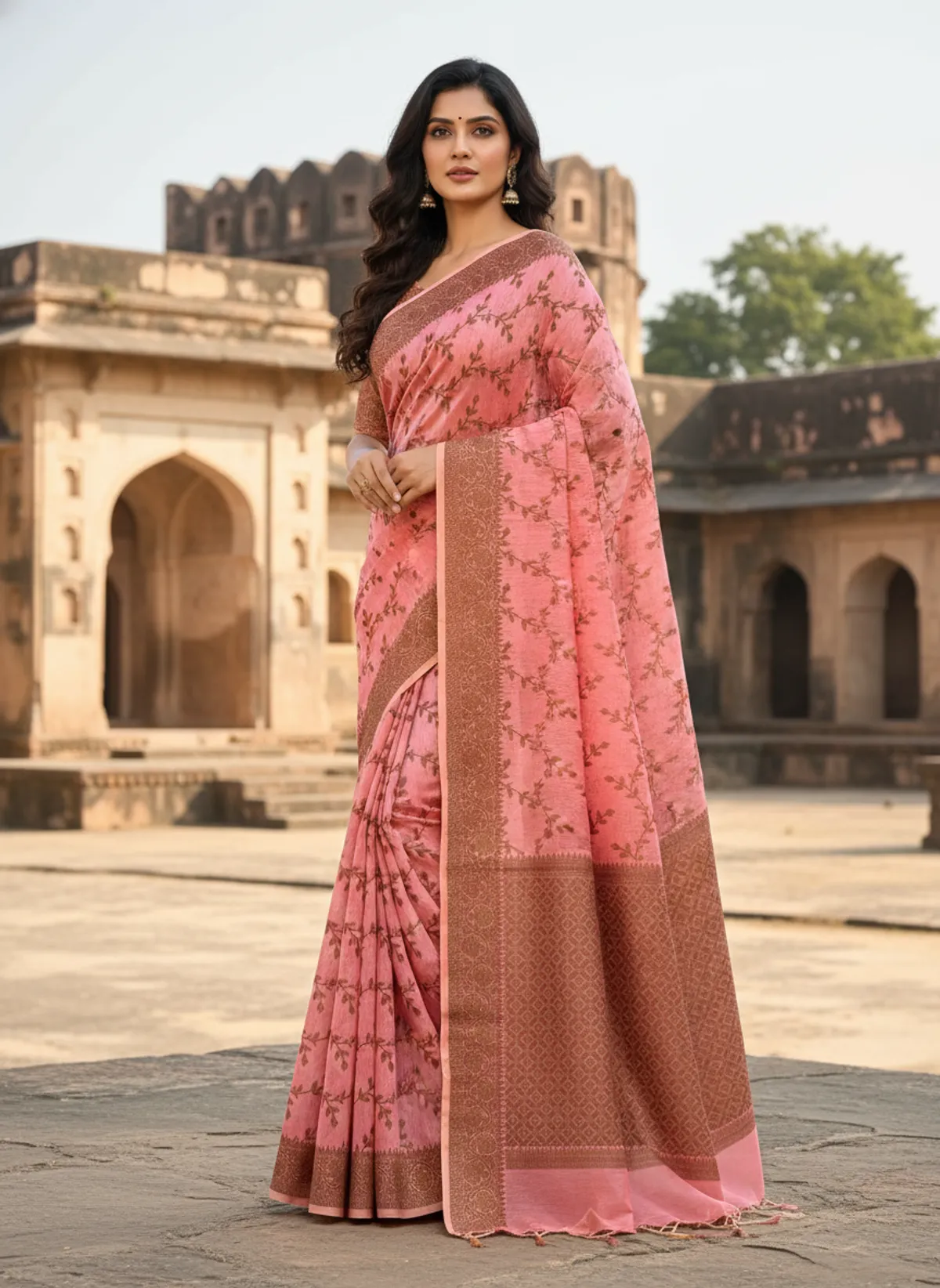 Light Pink Banarasi Cotton Silk Thread Weaved Saree
